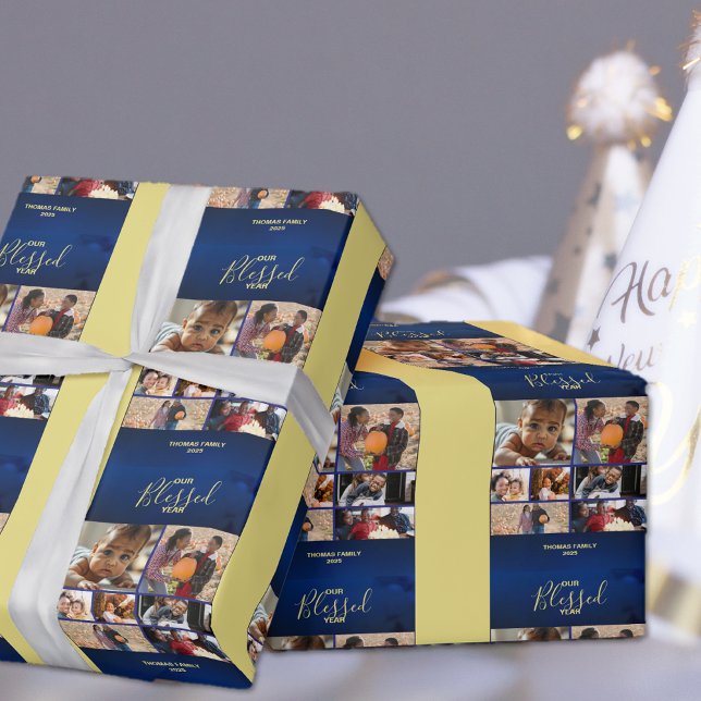 Papier Cadeau Ajouter Photos Blessé Année Fête Photo (Add Photos Blessed Year Holiday Photo Wrapping Paper)