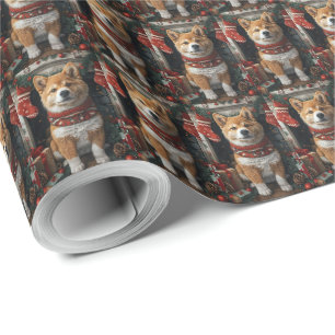 Papier Cadeau Akita Américain avec des cadeaux de Noël Cheminée