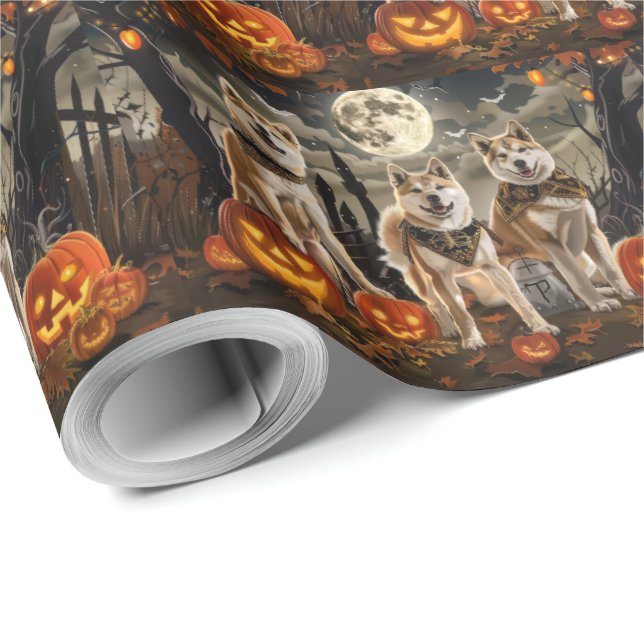 Papier Cadeau Akita Halloween Épouvantable (Coin rond)