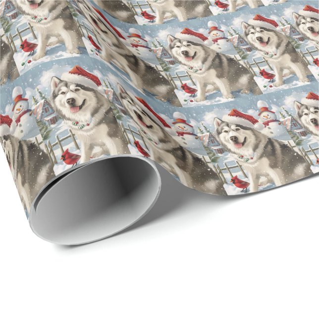 Papier Cadeau Alaskien Malamute Chien hiver Merveilles de Noël (Coin rond)