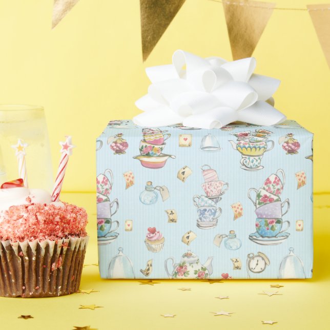 Papier Cadeau Alice au pays des merveilles Aquarelle Bleue Bleu  (Fête d'anniversaire)