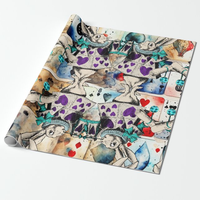 Papier Cadeau Alice au pays des merveilles lapin blanc violet (Déroulé)