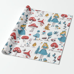Papier Cadeau Alice au pays des merveilles Lapin Champignon Roug