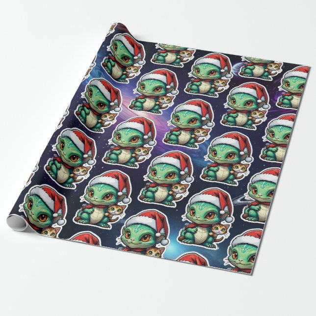 Papier Cadeau Alien et chat mignons dans l'espace (Déroulé)