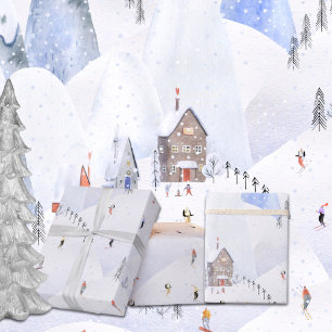 Papier Cadeau Aller Skier Pour Noël Skieurs De Montagne Neige