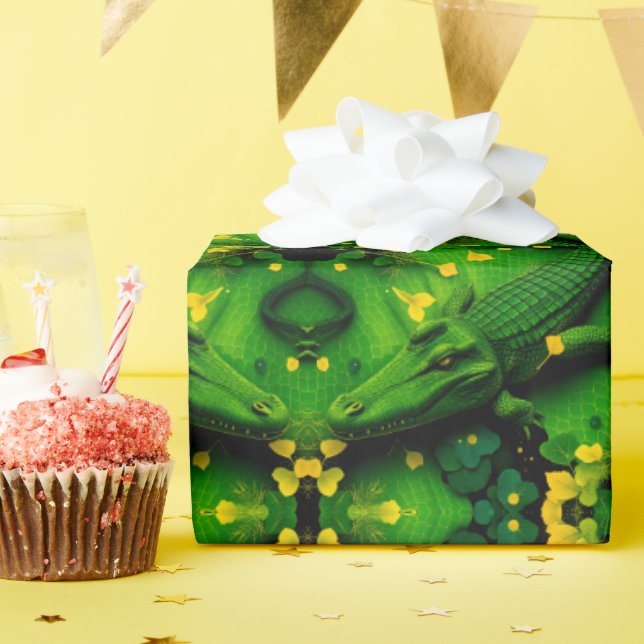 Papier Cadeau Alligator Crocodile Dragon Artistic Vert Jaune  (Fête d'anniversaire)