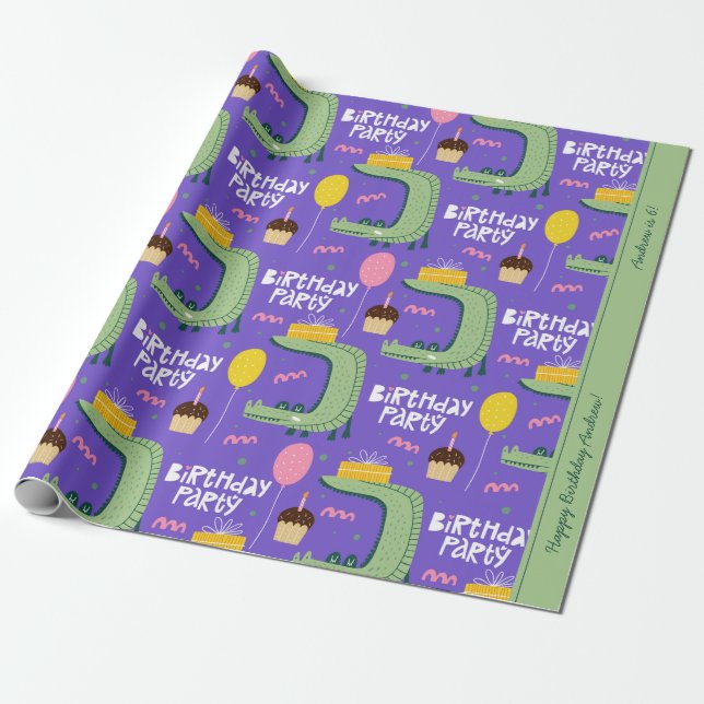 Papier Cadeau Alligator Motif Vert et violet fête d'anniversaire (Déroulé)