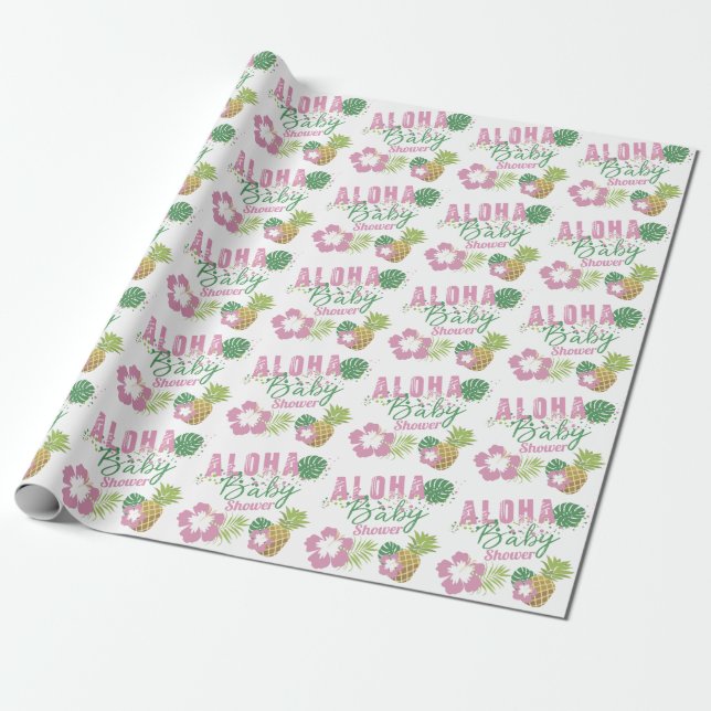 Papier Cadeau Aloha Bébé rose et vert Baby shower tropical fille (Déroulé)
