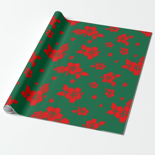 Papier Cadeau Aloha Hawaii Rouge sur le Motif de Noël vert (Déroulé)