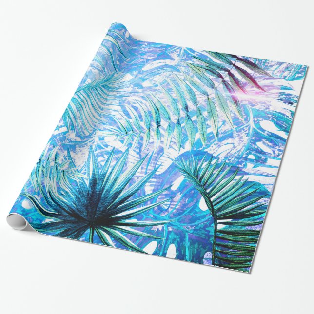 Papier Cadeau Aloha- Palme bleuTropical et jardin de Monstera (Déroulé)