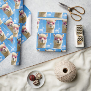 Papier Cadeau Alpaca portant des lunettes en forme de cœur rose