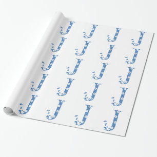 Papier Cadeau alphabet fleuri J (bleu et points)