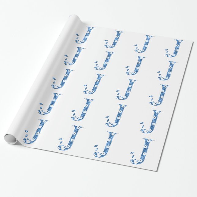 Papier Cadeau alphabet fleuri J (bleu et points) (Déroulé)
