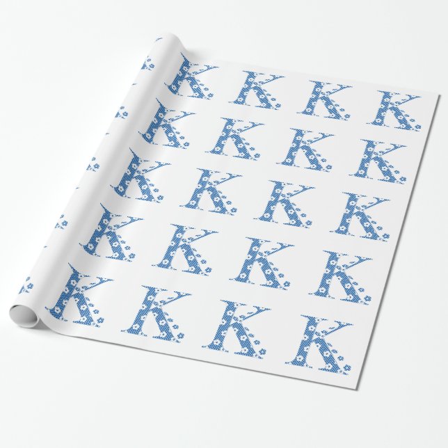 Papier Cadeau alphabet fleuri K (bleu et points) (Déroulé)