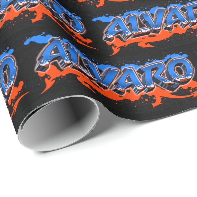 Papier Cadeau Alvaro prénom nom graffiti bleu orange (Coin rond)
