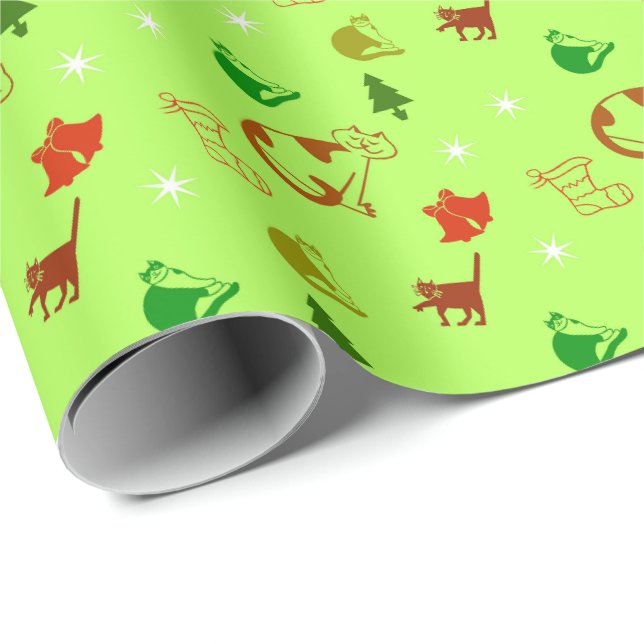 Papier Cadeau Amateur de chat vert Noël   (Coin rond)