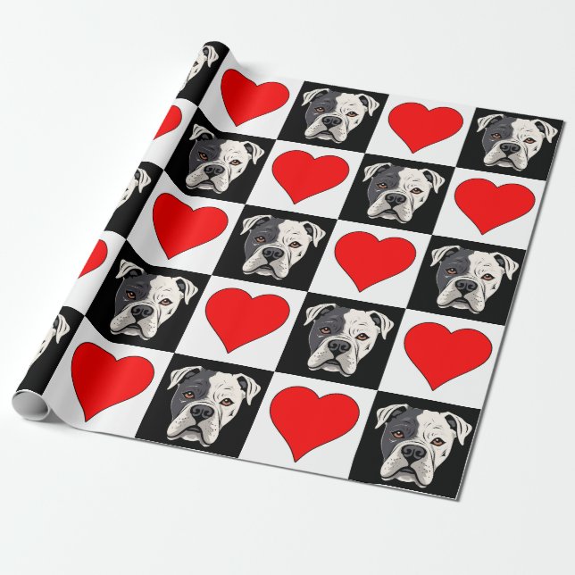 Papier Cadeau American Bulldog et Motif de coeur cadeau Amoureux (Déroulé)