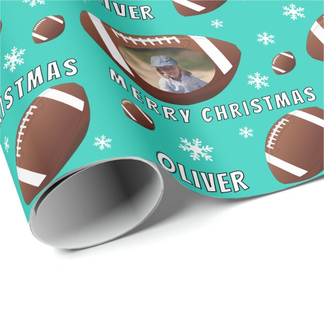 Papier Cadeau American Football Ball Joyeux Noël Photo (Coin rond)