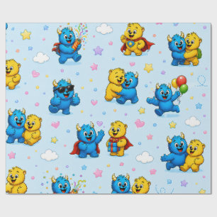 Papier Cadeau Amis de Monstres Ludiques Motif Étoiles et Nuages