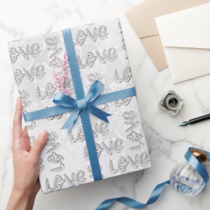 Papier Cadeau Amour amande fleurs blanc Damas