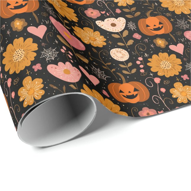 Papier Cadeau Amour citrouille avec Coeurs et Fleurs (Coin rond)