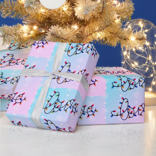 Papier Cadeau "Amour" dans les lumières de Noël, flocons de neig