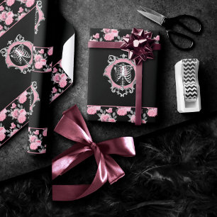 Papier Cadeau Amour gothique   Squelette rose et noir Coeur flor