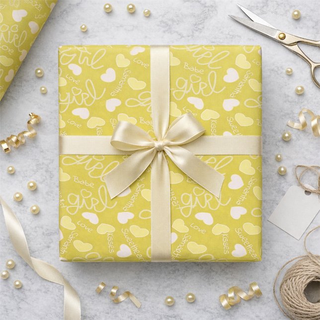 Papier Cadeau Amour Jaune Citron (Customizable love notes on lemon yellow wrapping paper. Cute, girly, and ready to make any gift pop.)