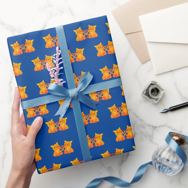 Papier Cadeau Amour Mignons Chatons Orange Sur Fond Bleu (Cadeaux)
