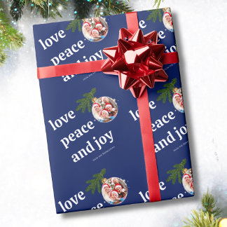 Papier Cadeau Amour Paix Joie Noël Photo de famille Bleu marine