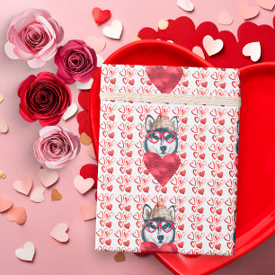 Papier Cadeau Amoureux de Husky aux cœurs rouges mignons pour la