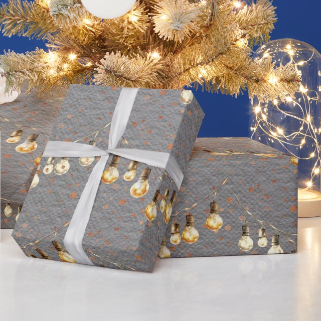 Papier Cadeau Ampoules de Noël à cordes Neige dorée (Vacances)