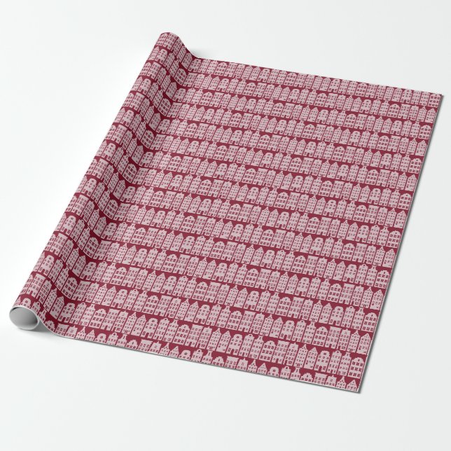 Papier Cadeau Amsterdam Canal Row Maisons Marsala Motif rouge (Déroulé)
