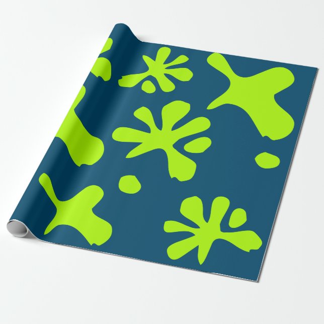 Papier Cadeau Amusant bleu turquoise néon vert citron motif amus (Déroulé)