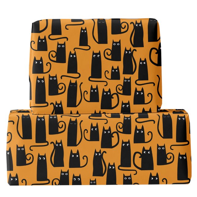 Papier Cadeau Amusant Halloween Chat noir Orange (Fun Halloween black cat orange pattern gift wrapping paper roll)