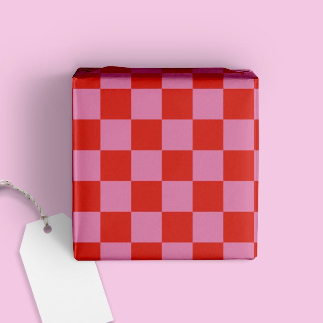 Papier Cadeau Amusant moderne À damiers rouge + rose chaud (Créateur téléchargé)