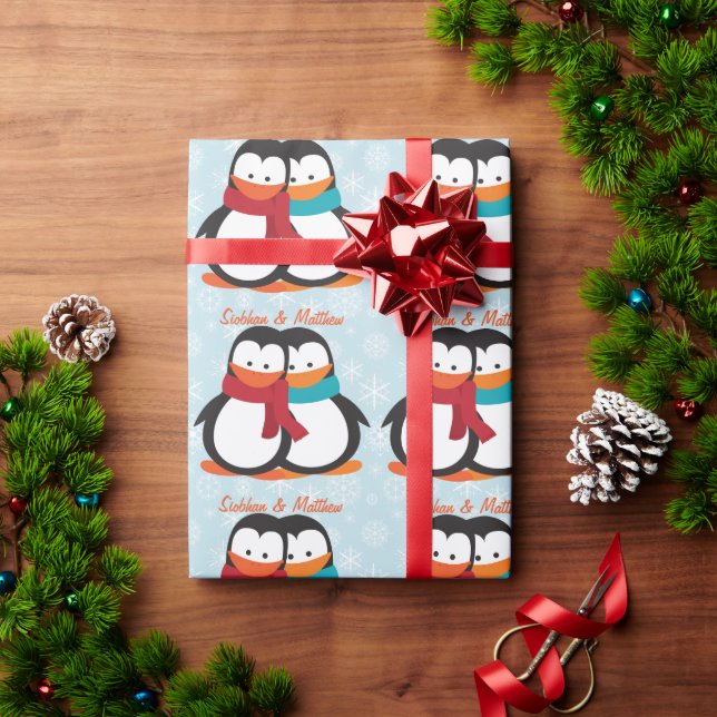 Papier Cadeau Amusant Noël Penguin Couple Personnalisable (Cadeau de vacances)
