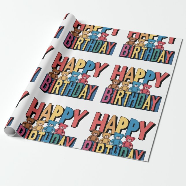 Papier Cadeau Amusant Nounours colorés Joyeux anniversaire (Déroulé)