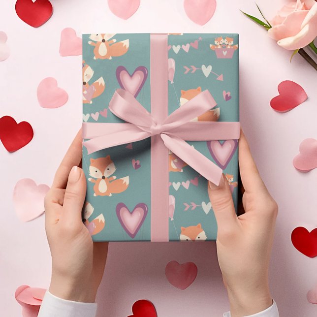 Papier Cadeau Amusants Coeurs Fox mignonnes Saint Valentin (Créateur téléchargé)