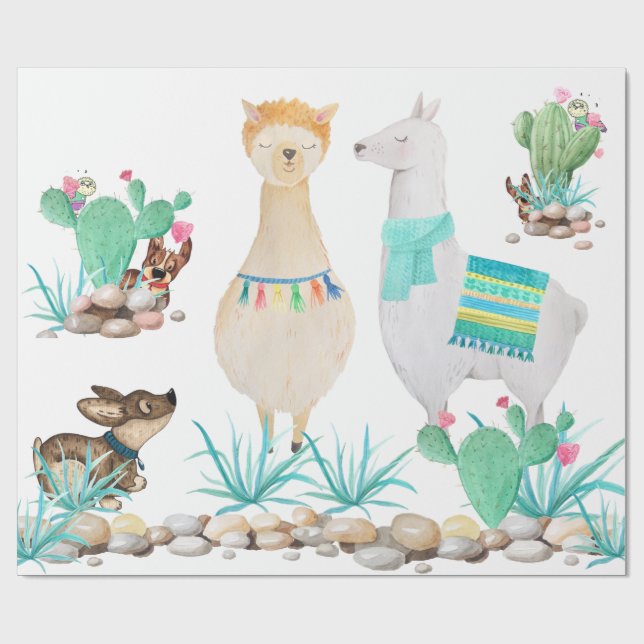 Papier Cadeau Amusants Cute Llama, Chien, Hibou Désert Turquoise (Plat)