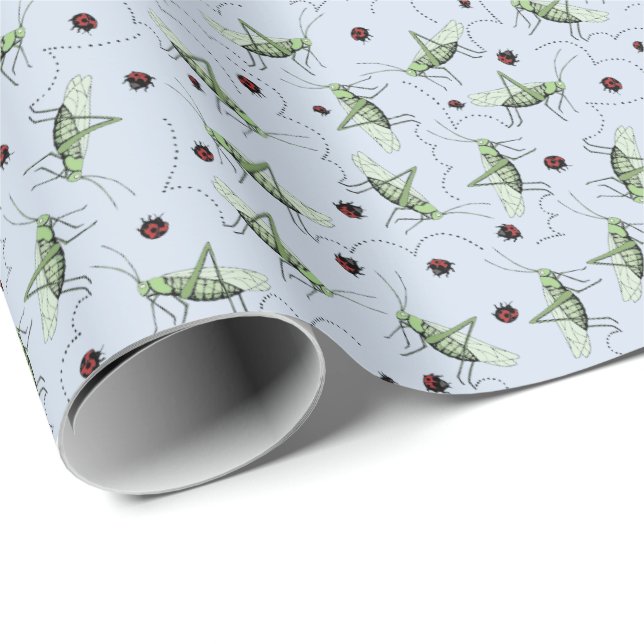 Papier Cadeau Amusants Grasshopper Bug Bonanza Vert Rouge Pastel (Coin rond)