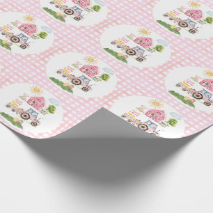 Papier Cadeau Amusement de la cour de ferme rose 2e anniversaire