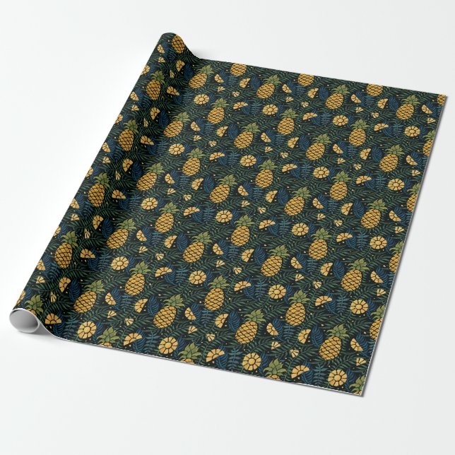 Papier Cadeau Ananas, palmiers feuilles : motif tropical. (Déroulé)