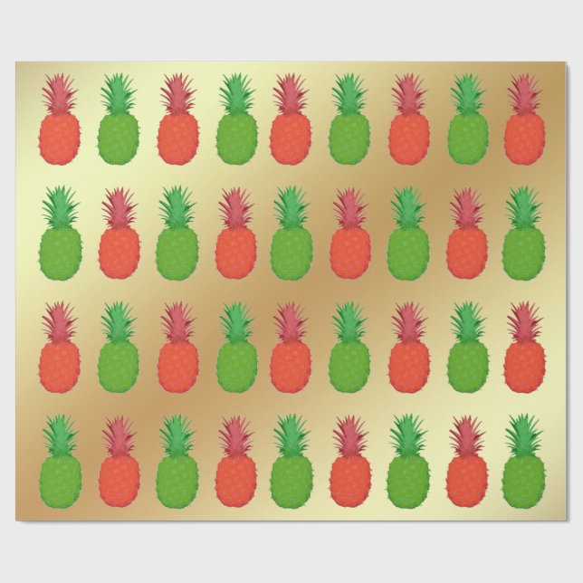 Papier Cadeau Ananas rouges et verts de Noël sur l'or (Plat)