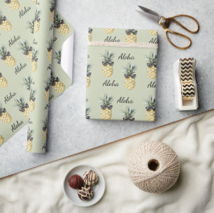 Papier Cadeau Ananas Tropical Aloha avec Lunettes de Soleil