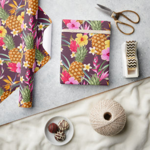 Papier Cadeau Ananas Tropical Et Fleur