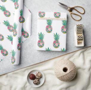 Papier Cadeau Ananas tropical rose et vert