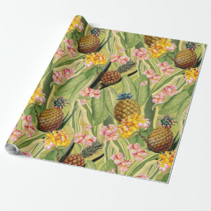 Papier Cadeau Ananas tropicaux et fleurs jungle feuille