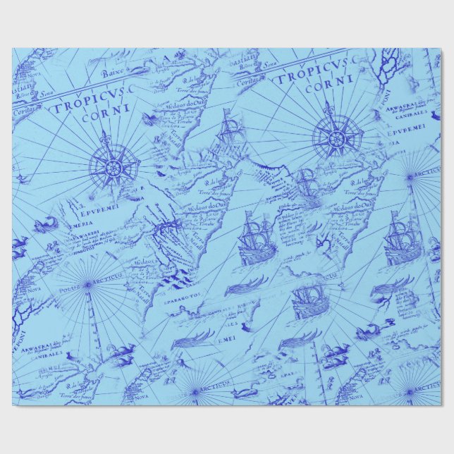 Papier Cadeau Ancien marine bleu navires et boussole (Plat)