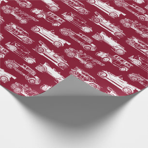 Papier Cadeau Ancien Motif de voiture Burgundy White Vintage